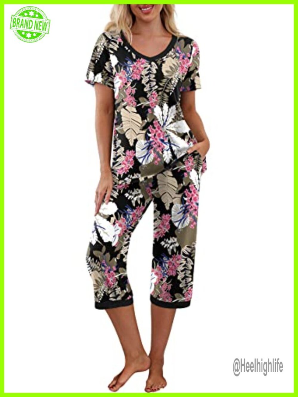 Women's Capri Pajama Set Short Sleeve V-Neck Lounge Sleepwear with Pockets